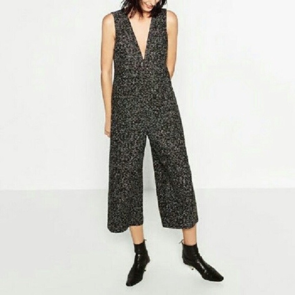 Zara Black & White Boucle Tweed Jumpsuit Sz Large